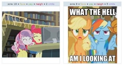 Size: 538x285 | Tagged: safe, edit, edited screencap, imported from derpibooru, screencap, apple bloom, applejack, rainbow dash, sweetie belle, equestria girls, equestria girls (movie), over a barrel, exploitable meme, juxtaposition, juxtaposition win, meme