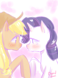 Size: 1500x2000 | Tagged: safe, artist:cheryl-jum, imported from derpibooru, applejack, rarity, blushing, female, lesbian, rarijack, shipping