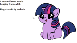 Size: 1194x668 | Tagged: safe, imported from derpibooru, twilight sparkle, pony, unicorn, cliff, female, filly, filly twilight sparkle, filly twilight telling an offensive joke, foal, forced meme, implied death, meme, obligatory pony, solo, text, vulgar