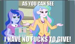 Size: 1250x728 | Tagged: safe, edit, edited screencap, imported from derpibooru, screencap, princess celestia, princess luna, equestria girls, equestria girls (movie), caption, clothes, cutie mark, cutie mark accessory, cutie mark on clothes, duo, image macro, no fucks, principal celestia, vice principal luna, vulgar