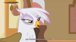 Size: 854x475 | Tagged: safe, imported from derpibooru, screencap, gilda, griffon, griffon the brush off, female, solo, youtube caption