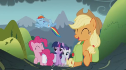 Size: 854x475 | Tagged: safe, imported from derpibooru, screencap, applejack, pinkie pie, rainbow dash, rarity, twilight sparkle, jay leno, youtube caption