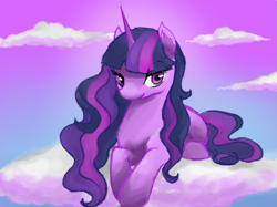 Size: 599x447 | Tagged: safe, artist:popodu955, imported from derpibooru, twilight sparkle, cloud, cloudy, female, solo