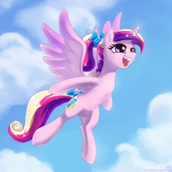 Size: 1500x1500 | Tagged: safe, artist:kp-shadowsquirrel, imported from derpibooru, princess cadance, alicorn, pony, female, flying, happy, open mouth, solo, teen princess cadance