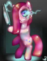 Size: 731x941 | Tagged: safe, artist:thinkingdoll, imported from derpibooru, pinkie pie, pony, bipedal, female, knife, pinkamena diane pie, solo