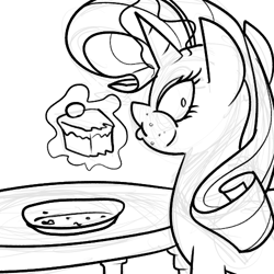 Size: 500x500 | Tagged: safe, artist:reiduran, imported from derpibooru, rarity, cake, caught, eating, female, monochrome, solo