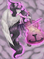 Size: 2121x2827 | Tagged: safe, artist:misukitty, imported from derpibooru, octavia melody, alicorn, anthro, semi-anthro, alicornified, arm hooves, bow, bow (instrument), cello, cello bow, clothes, female, flying, large voluminous hair, magic, musical instrument, octacorn, race swap, solo