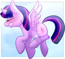 Size: 847x767 | Tagged: safe, artist:soulkillur, imported from derpibooru, twilight sparkle, alicorn, pony, blushing, eyes closed, female, flapping, flying, gritted teeth, mare, raised hoof, shiny, solo, struggling, twilight sparkle (alicorn)