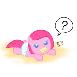 Size: 500x500 | Tagged: safe, artist:apzzang, imported from derpibooru, pinkie pie, ask-grow-pinkie, baby, cute, diaper, diapinkes, female, foal, korean, pacifier, solo, tumblr, younger