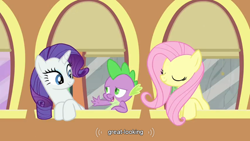 Size: 854x480 | Tagged: safe, imported from derpibooru, screencap, fluttershy, rarity, spike, a canterlot wedding, meme, youtube caption