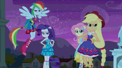 Size: 576x324 | Tagged: safe, imported from derpibooru, screencap, applejack, fluttershy, pinkie pie, rainbow dash, rarity, equestria girls, equestria girls (movie), animated, cute, fall formal outfits, female, hug, humane five, ponied up, tongue out