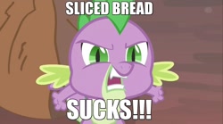 Size: 1536x857 | Tagged: safe, imported from derpibooru, spike, bread, funny, funny as hell, image macro, male, meme, mouthpiece, sliced bread, solo, spike drama, text