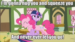 Size: 853x480 | Tagged: safe, imported from derpibooru, pinkie pie, twilight sparkle, elmyra duff, hug, image macro, imma snuggle you, tiny toon adventures