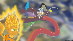 Size: 1156x650 | Tagged: safe, artist:meliophegor, imported from derpibooru, applejack, discord, draconequus, earth pony, pony, crossover, dragon ball, dragon ball z, duo, male, parody, shenron, stallion, super saiyan