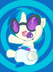 Size: 947x1280 | Tagged: safe, artist:cuddlehooves, imported from derpibooru, dj pon-3, vinyl scratch, pony, unicorn, baby, baby pony, cuddlehooves is trying to murder us, cute, diaper, female, filly, foal, hooves, horn, open mouth, pacifier, poofy diaper, solo, sunglasses, vinylbetes