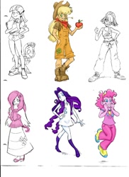 Size: 900x1238 | Tagged: artist needed, source needed, safe, artist:envyskort, imported from derpibooru, applejack, fluttershy, pinkie pie, rainbow dash, rarity, spike, twilight sparkle, human, bandana, belly button, book, clothes, dress, high heels, humanized, mane seven, mane six, midriff, overalls, partial color, sandals, shoes, sketch dump, skirt, sneakers, sweater, sweatershy, sweatpants, tanktop