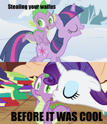 Size: 1863x2160 | Tagged: safe, edit, edited screencap, imported from derpibooru, screencap, rarity, spike, twilight sparkle, dragon, pony, unicorn, winter wrap up, caption, comic, dragons riding ponies, exploitable meme, female, kissing, male, mare, meme, riding, screencap comic, spike gets all the mares, waifu thief