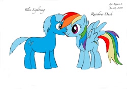 Size: 1023x725 | Tagged: safe, imported from derpibooru, rainbow dash, oc, blue lightning, canon x oc, licking