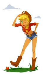 Size: 579x972 | Tagged: safe, artist:lexxercise, imported from derpibooru, applejack, human, clothes, daisy dukes, female, front knot midriff, humanized, midriff, solo