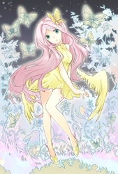 Size: 1168x1730 | Tagged: safe, artist:lillin, imported from derpibooru, fluttershy, butterfly, human, rabbit, animal, beautiful, clothes, cute, dress, female, humanized, legs, pixiv, scenery, scenery porn, shyabetes, solo, winged humanization, wings