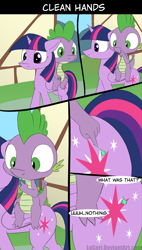 Size: 1600x2823 | Tagged: safe, artist:loceri, imported from derpibooru, spike, twilight sparkle, alicorn, dragon, pony, booger, boogers, comic, dialogue, dragons riding ponies, female, flank, gross, mare, mucus, nose picking, poking, riding, slice of life, snot, spike riding twilight, touch, twilight sparkle (alicorn), yuck