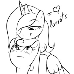 Size: 600x600 | Tagged: safe, artist:kloudmutt, imported from derpibooru, carrot top, golden harvest, princess luna, heart, implied lesbian, lineart, monochrome, s1 luna