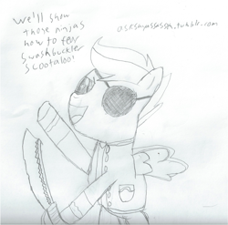 Size: 1597x1578 | Tagged: safe, artist:2shyshy, imported from derpibooru, scootaloo, 30 minute art challenge, eyepatch, female, monochrome, pirate, solo, traditional art