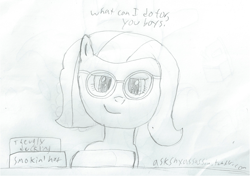 Size: 1998x1403 | Tagged: safe, artist:2shyshy, imported from derpibooru, twist, 30 minute art challenge, female, glasses, monochrome, older, solo, traditional art