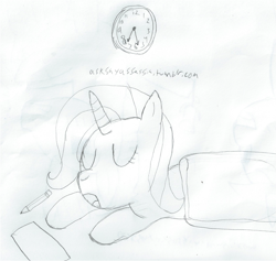 Size: 1706x1616 | Tagged: safe, artist:2shyshy, imported from derpibooru, trixie, pony, unicorn, 30 minute art challenge, clock, female, mare, monochrome, solo, traditional art