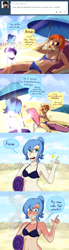 Size: 1280x4671 | Tagged: safe, artist:7nights, imported from derpibooru, princess luna, spitfire, human, ask human luna, beach, belly button, bikini, clothes, comic, humanized, magic, s1 luna, sunburn, sunglasses, swimsuit, tumblr