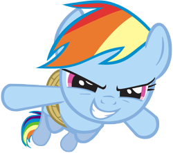 Size: 4940x4377 | Tagged: safe, artist:alltoasters, imported from derpibooru, rainbow dash, pegasus, pony, fall weather friends, season 1, absurd resolution, female, grin, mare, rainbond dash, rope, simple background, smiling, solo, tied up, transparent background, vector