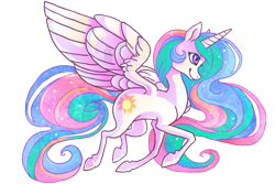 Size: 910x607 | Tagged: safe, artist:griffsnuff, imported from derpibooru, princess celestia, alicorn, pony, cutie mark, female, horn, simple background, smiling, solo, spread wings, white background, wings