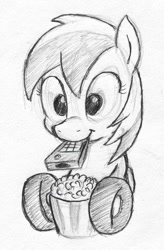 Size: 656x1000 | Tagged: safe, artist:php87, imported from derpibooru, oc, oc only, oc:wheely bopper, grayscale, monochrome, mouth hold, popcorn, remote, sketch, solo