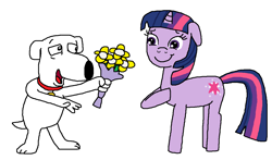Size: 1191x702 | Tagged: safe, artist:mighty355, imported from derpibooru, twilight sparkle, brian griffin, crossover, duo, family guy, female, flower, male, shipping, straight