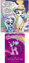 Size: 497x1082 | Tagged: safe, idw, imported from derpibooru, princess celestia, trixie, twilight sparkle, my little pony chapter books, twilight sparkle and the crystal heart spell, spoiler:comic, spoiler:comic08, comic, continuity, crystal heart, lol, nightmare rarity (arc)