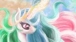 Size: 900x506 | Tagged: safe, artist:macalaniaa, imported from derpibooru, princess celestia, alicorn, pony, bust, female, portrait, solo