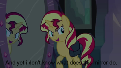 Size: 640x360 | Tagged: safe, imported from derpibooru, screencap, sunset shimmer, pony, unicorn, equestria girls, equestria girls (movie), female, image macro, magic mirror, mirror, solo