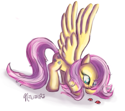 Size: 873x777 | Tagged: safe, artist:nedemai, imported from derpibooru, fluttershy, ladybug, pegasus, pony, female, looking at something, solo, spread wings, wings