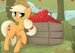 Size: 3678x2568 | Tagged: safe, artist:tesslashy, imported from derpibooru, applejack, apple, female, raised hoof, solo, tree