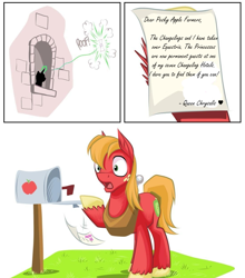 Size: 1099x1250 | Tagged: safe, artist:mysticalpha, imported from derpibooru, big macintosh, queen chrysalis, earth pony, pony, big mariotosh, flutterpeach, fluttershy's letter, hotel mario, implied fluttershy, male, meme, stallion, super mario bros.