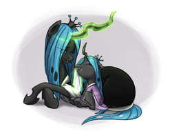 Size: 800x608 | Tagged: safe, artist:feujenny07, imported from derpibooru, queen chrysalis, oc, oc:pupa, changeling, changeling queen, nymph, fanfic:maternal instinct, changeling oc, clothes, cute, cutealis, cuteling, drool, duo, duo female, female, maternal instinct, mommy chrissy, mother and daughter, ocbetes, offspring, parent:queen chrysalis, robe