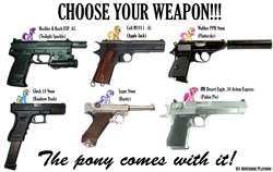 Size: 1237x781 | Tagged: safe, artist:ethanchang, imported from derpibooru, applejack, fluttershy, pinkie pie, rainbow dash, rarity, twilight sparkle, desert eagle, glock, glock 18, gun, handgun, luger, m1911, pistol, suppressor, usp, walther ppk, weapon