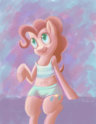 Size: 1280x1656 | Tagged: safe, artist:amnestie, deleted from derpibooru, imported from derpibooru, pinkie pie, belly button, bikini, clothes, solo, swimsuit