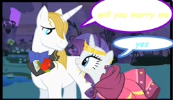 Size: 900x522 | Tagged: safe, artist:sadaslhey, edit, imported from derpibooru, screencap, prince blueblood, rarity, female, male, marriage proposal, rariblood, shipping, speech bubble, straight, text