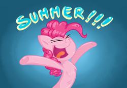 Size: 1024x717 | Tagged: safe, artist:kyaokay, imported from derpibooru, pinkie pie, pony, ><, chest fluff, eyes closed, female, hooves in air, open mouth, open smile, smiling, solo, summer