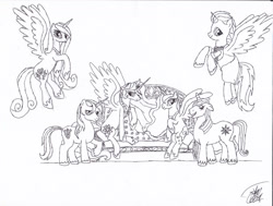 Size: 1024x773 | Tagged: safe, artist:bronyman1996, imported from derpibooru, prince blueblood, princess cadance, princess celestia, princess luna, shining armor, oc, alicorn, pony, alicorn oc, monochrome, royalty