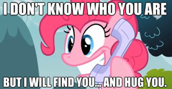 Size: 625x323 | Tagged: safe, edit, imported from derpibooru, pinkie pie, caption, female, grin, image macro, imma snuggle you, imminent hape, impact font, implied hugging, meme, non-consensual cuddling, phone, solo, taken