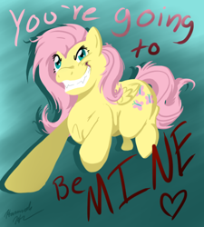 Size: 450x500 | Tagged: safe, artist:blemy, imported from derpibooru, fluttershy, evil grin, fangs, female, grin, hoers, insanity, running, smiling, solo, yandere