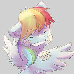 Size: 700x700 | Tagged: safe, artist:cheerubi, imported from derpibooru, rainbow dash, pegasus, pony, bandage, eyes closed, female, grin, injured, simple background, smiling, solo, spread wings, wings