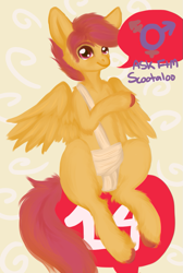 Size: 697x1039 | Tagged: safe, artist:coppahhead, imported from derpibooru, scootaloo, ask ftm scootaloo, ask, bandage, breast binding, colt, hooves, male, pride, solo, trans boy, trans male, trans stallion scootaloo, transgender